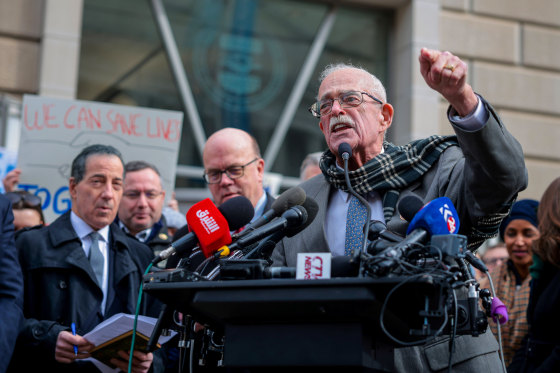 Gerry Connolly speaks outside the USAID headquarters.