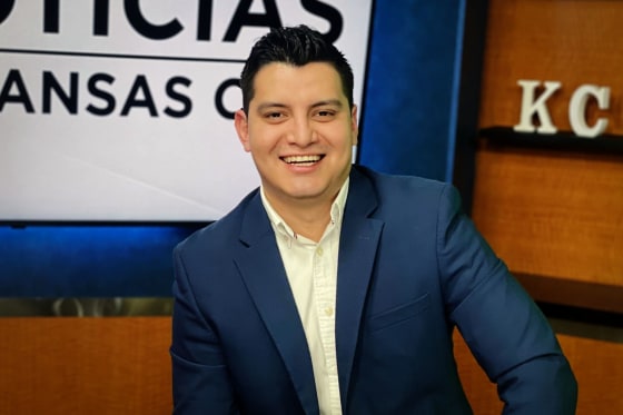 Adan Manzano, an anchor and reporter, on the set at Telemundo Kansas City in Missouri.