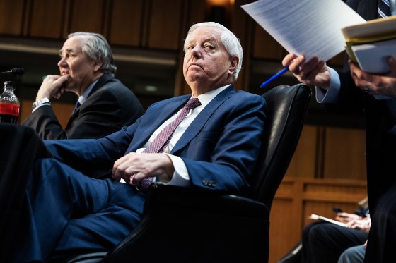 Senate Budget Committee Chairman Lindsey Graham, R-S.C., and ranking member Sen. Jeff Merkley, D-Ore., left, attend the markup of the FY2025 Senate Budget Resolution in Hart building on Feb. 12, 2025.