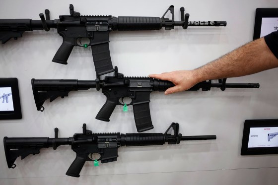 AR-15 rifles on display during the National Rifle Association annual meeting in Louisville, KY in May 2016.