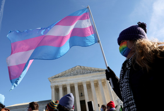 A transgender rights supporter protests outside of the Supreme Court on Dec. 4, 2024.