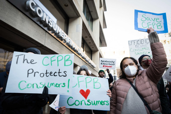 Demonstrators protest against anticipated plans to close the Consumer Financial Protection Bureau in front of the CFPB headquarters in Washington on Feb. 10, 2025. 