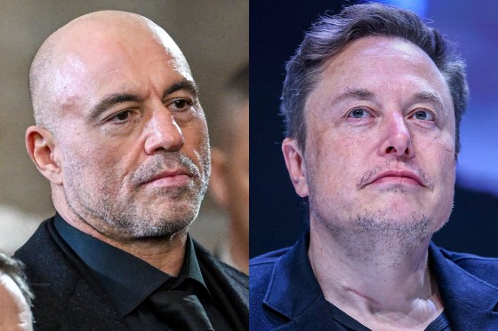 A split composite of Joe Rogan and Elon Musk.