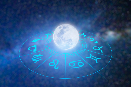 Zodiac signs inside of horoscope circle.