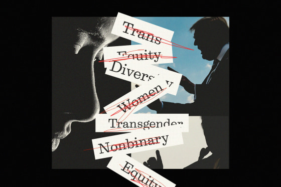 Photo illustration of layered and scribbled over text that reads "Trans" "Equity" "Diversity" "Women" Transgender" and "Nonbinary" against a background of Donald Trump and the silhouette of a person's face