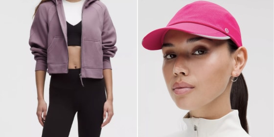 a photo of the lululemon jacket and pink hat on gray background