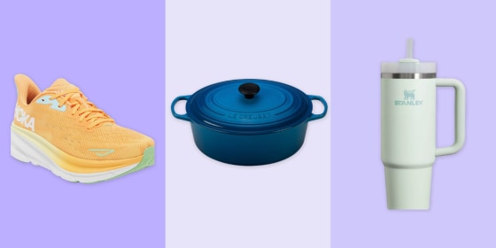 a photo of the orange Hoka sneaker, blue creuset, and green Stanley tumbler on a purple background