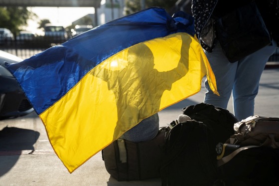 Image: A boy plays with a Ukrainian flag.