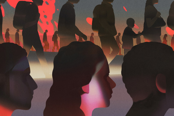 Illustration of Haitian immigrants walking in lines as fire and smoke rises in the distance.