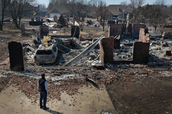 A home destroyed by wildfire on March 16, 2025 in Stillwater, Okla.
