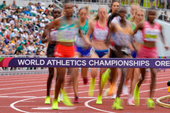 Runners compete in a heat in the women's 3000-meter steeplechase at the World Athletics Championships in Eugene, Ore., in 2022.