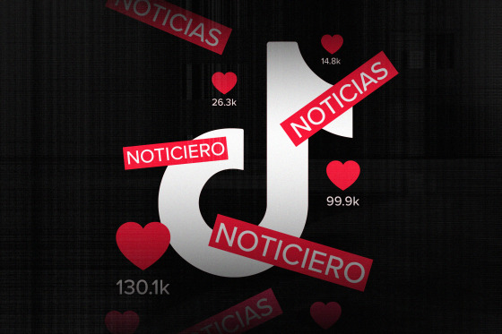 TikTok logo covered with heart icons and the words "Noticiero" and "Noticias"