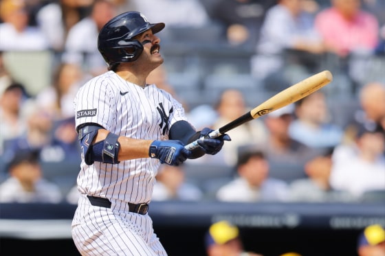Austin Wells #28 of the New York Yankees hits a home run in the first inning against the Milwaukee Brewers at Yankee Stadium on Saturday in New York City.