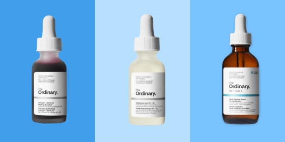 a photo of The Ordinary skin care brand on a blue background