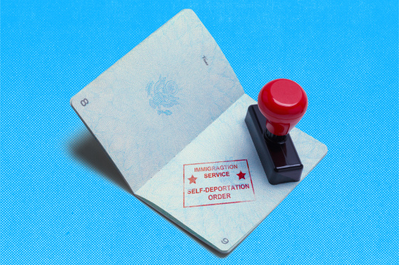 Image of an open passport with a stamp tool on top of it. The passport is marked with stamp that says "Immigration Service, Self-Deportation Order".