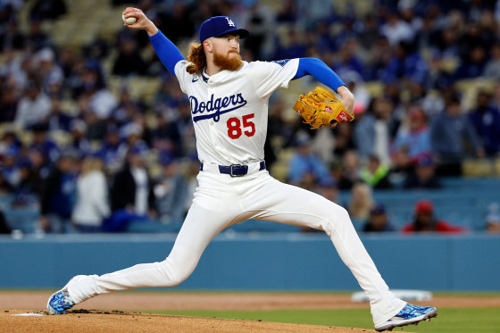 Dustin May throws a pitch