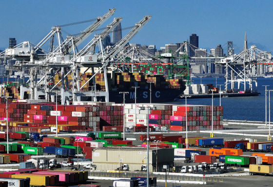 An aerial view of shipping containers stacked at the Port of Oakland