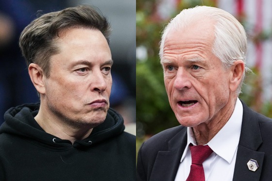 A split composite image of Elon Musk, left, and Peter Navarro
