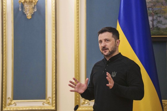 Ukrainian President Volodymyr Zelenskyy speaks in Kyiv on Friday, April 4, 2025. 