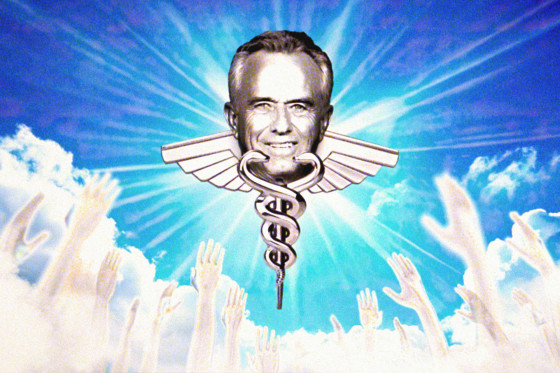 Photo illustration of RFK's face intertwined with a caduceus against a blue sky background; a row of hands are outreached at the bottom of the frame 