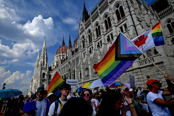 Members and supporters of Hungary's LGBTQ community march through Budapest