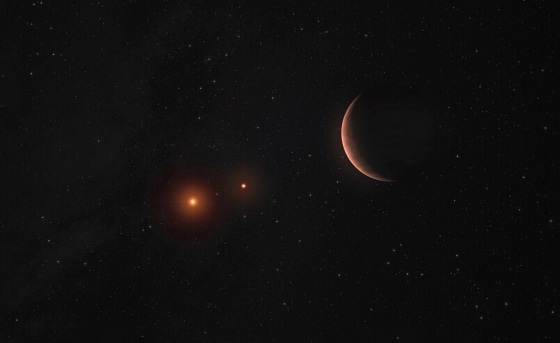 An exoplanet orbits two brown dwarfs in an artist's illustration. 