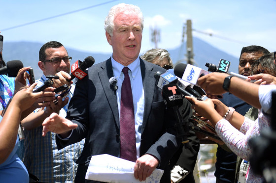 Sen. Chris Van Hollen, D-Md., speaks in San Salvador, El Salvador, on April 16, 2025. 