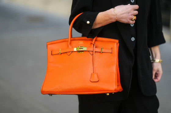 An orange Hermes Birkin bag in Paris on April 9, 2025.