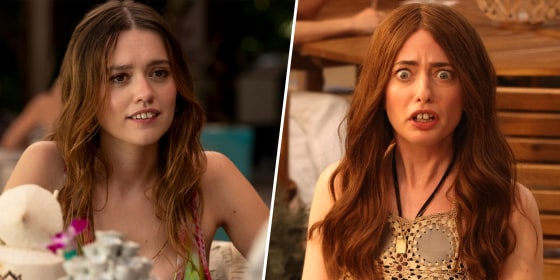 Aimee Lou Wood in Season Three of "The White Lotus" as her character, Chelsea, and Sarah Sherman portraying the same character on "Saturday Night Live" on April 12.