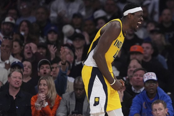 Indiana Pacers forward Pascal Siakam reacts during the third quarter of Game 2 of the Eastern Conference finals against the New York Knicks on May 23, 2025.