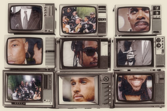 Photo Illustration: TV screens with images of the Met Gala co-chairs (Pharrell, A$AP Rocky, Colman Domingo, Lebron James, and Lewis Hamilton)