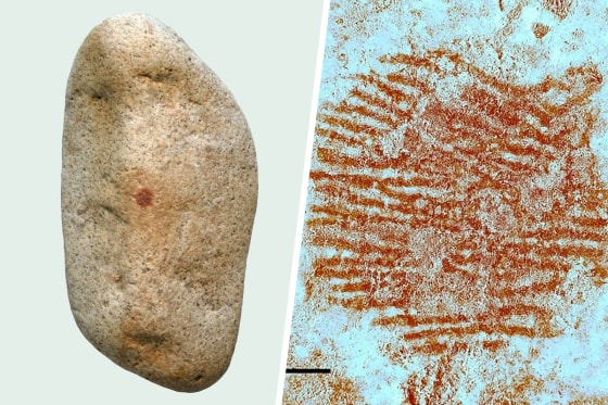 The pebble, left, discovered in the San Lázaro rock shelter in Spain is the oldest known nonutilitarian object with a fingerprint, right.