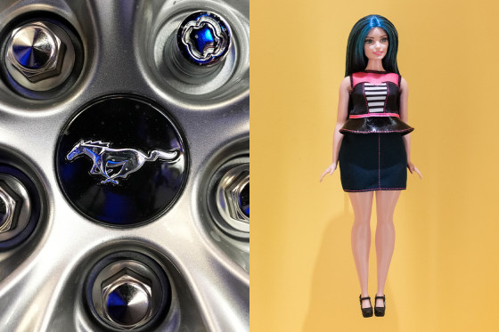Side by side of a wheel on a Ford Mustang GT and Mattel Barbie doll.