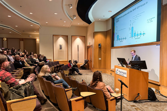 Jack Castelli, a Canadian doctoral student, gives his Ph.D. defense, an oral presentation describing his research into gene-editing techniques that edit stem cells to express antibodies against HIV.