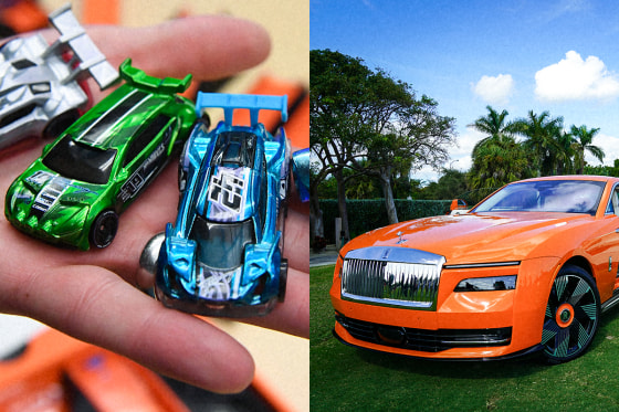 A split composite image of Hot Wheels cars, left, A Rolls Royce car.