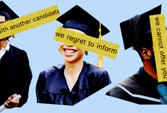Photo Illustration: African American graduates with pieces of paper over their faces that read "...with another candidate...," "...we regret to inform...," and "...we cannot offer you..."
