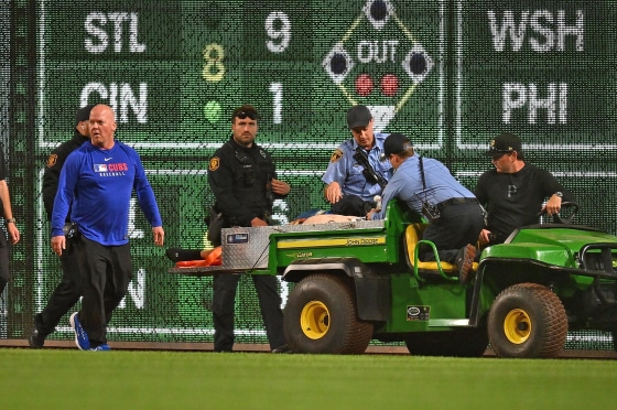 Kavan Markwood is carted off the field after falling from the stands during a Pittsburgh Pirates game at PNC Park on April 30, 2025 in Pittsburgh.