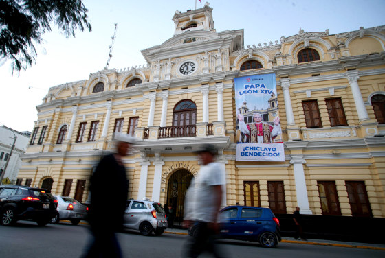 A banner with the image of the recently elected Pope Leo XIV.