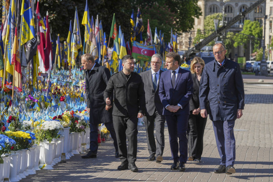 Polish Prime Minister Donald Tusk, Ukrainian President Volodymyr Zelenskyy, U.K. Prime Minister Keir Starmer, French President Emmanuel Macron, German Chancellor Friedrich Merz.