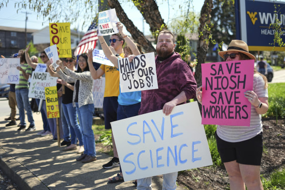 A rally in support of researchers and other employees of the National Institute for Occupational Safety and Health who received reduction-in-force notices