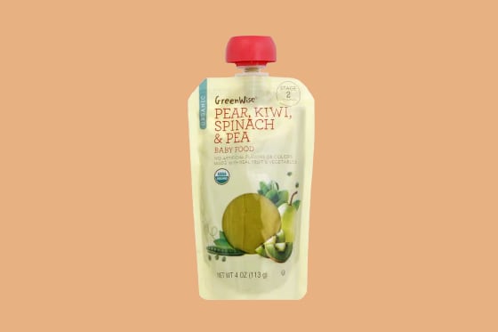 A squeeze pouch containing baby food.