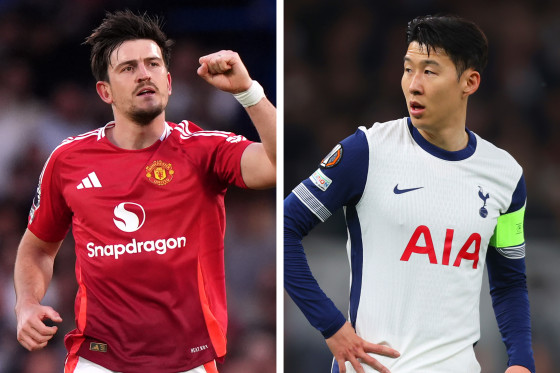 Manchester United's Harry Maguire and Son Heung-Min of Tottenham Hotspur.