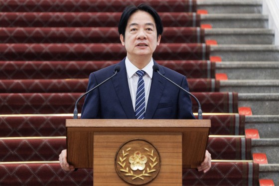 Taiwan's President Lai Ching-te speaking at a lectern