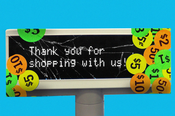 Photo illustration of cash register screen that reads "Thank you for shopping with us!" covered with price stickers