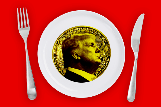 Photo Illustration: A "Trump Coin" on a dinner plate against a red background