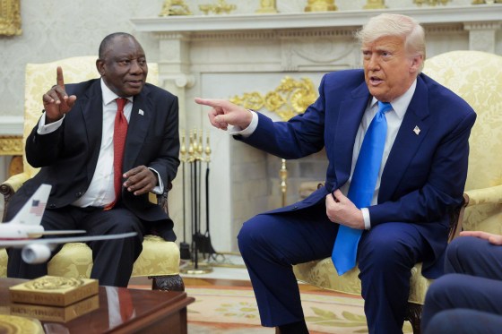 President Donald Trump speaks during a meeting with President of South Africa Cyril Ramaphosa in the Oval Office on May 21, 2025.