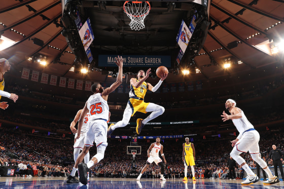 Tyrese Haliburton #0 of the Indiana Pacers drives to the basket