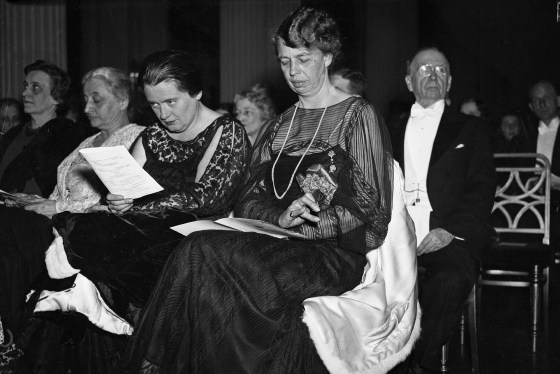 Eleanor Roosevelt sits with Lorena Hickok at a concert in 1935.