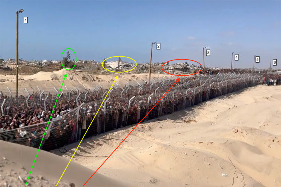 NBC News verified video from an aid distribution site in Rafah by comparing landmarks in the background, circled, with recent satellite imagery and drone video released by the Israel Defense Forces.