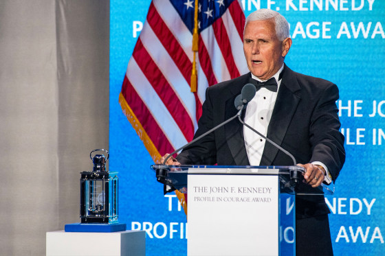 Former U.S. Vice President Mike Pence speaks after accepting the 2025 John F. Kennedy Profile in Courage Award at the John F. Kennedy Presidential Library and Museum in Boston, Massachusetts, on Sunday.